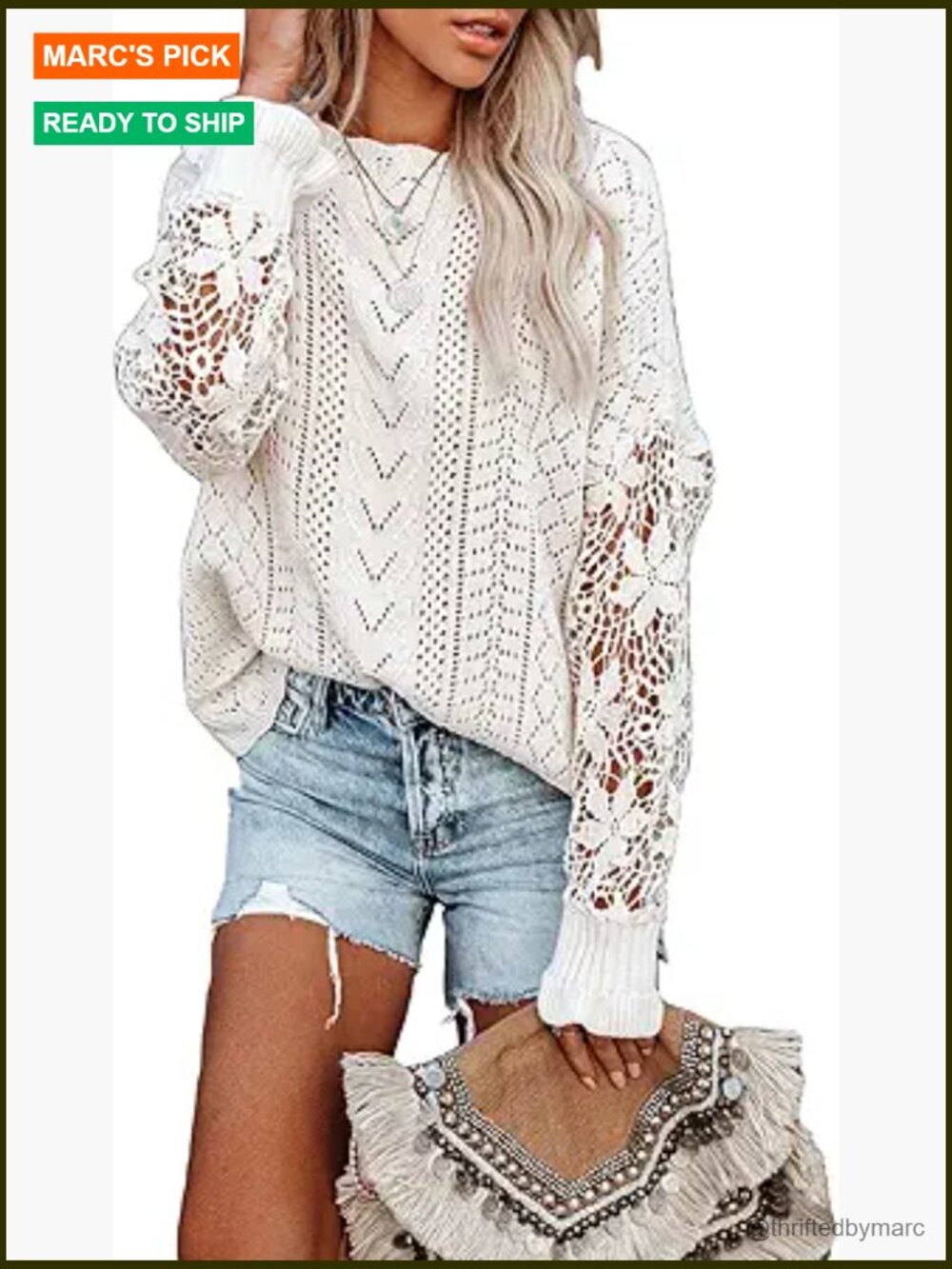 Crewneck Crochet Lace Long Sleeve Cable Knit Pullover Sweater